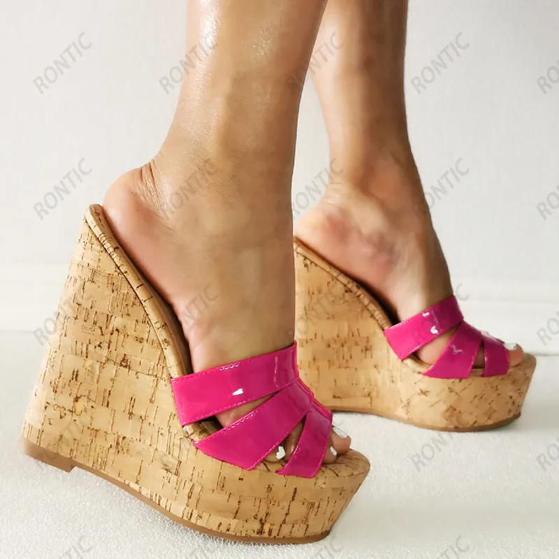 Rontic-Sandalias de plataforma hechas a mano para mujer, zapatos informales con charol brillante, cuñas Unisex, punta abierta, color rojo y rosa, talla estadounidense 5-20