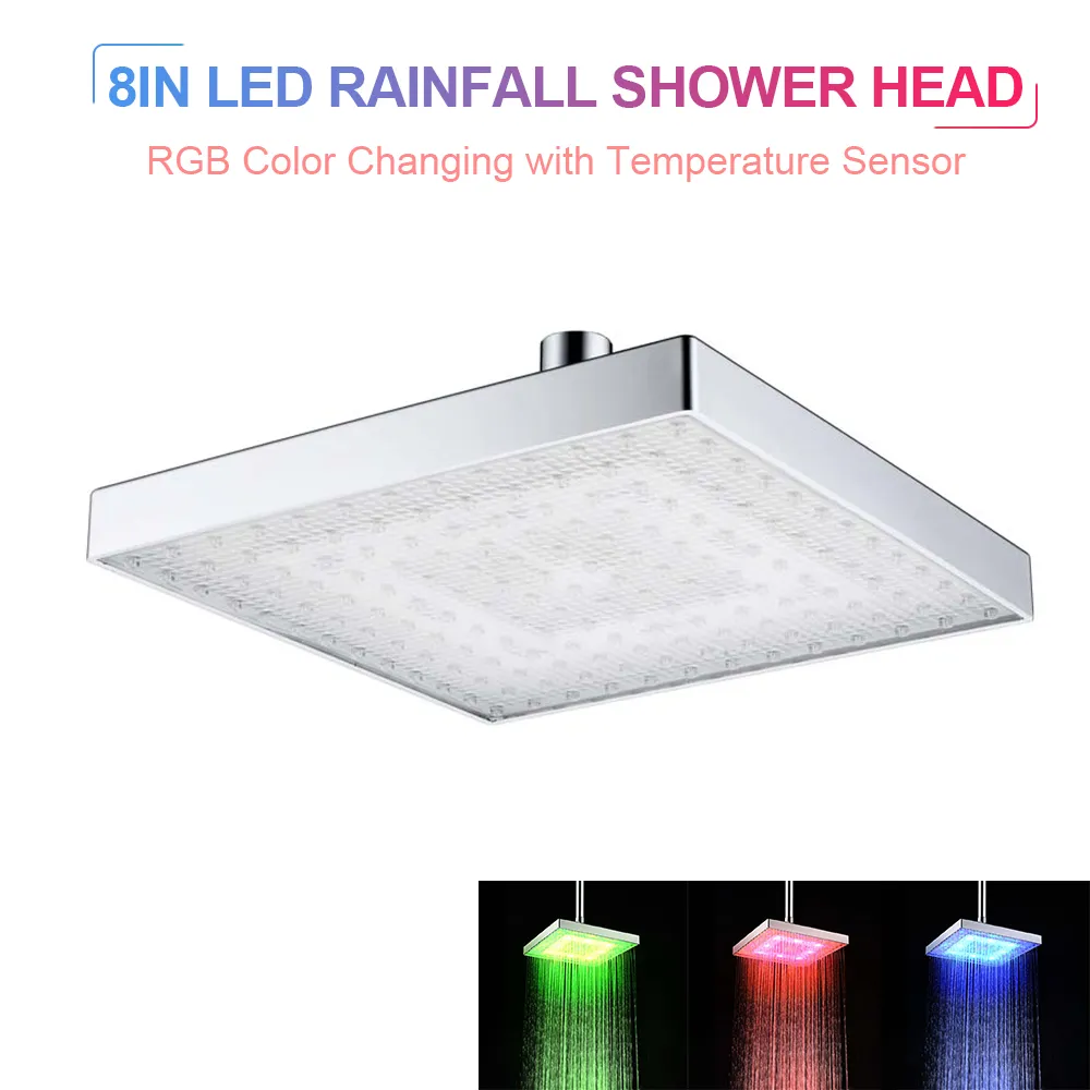 LED Regenval Douchekop met LED -verlichting Temperatuursensor Automatische kleur Veranderen vierkante ronde douchekop Hoge druk