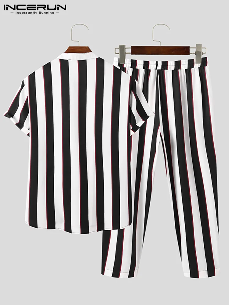 Hommes rayé ensembles Streetwear mode revers chemise à manches courtes pantalons longs deux pièces costumes décontractés amples S 5XL INCERUN 220719gx