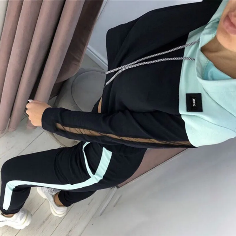 Dress Women Dwuczęściowy Zestaw Jesień Ubrania Kolorblock Bluza z kapturem Crop Top i Skinny Spodnie Sportowe Jogging Suit Stroje 220315