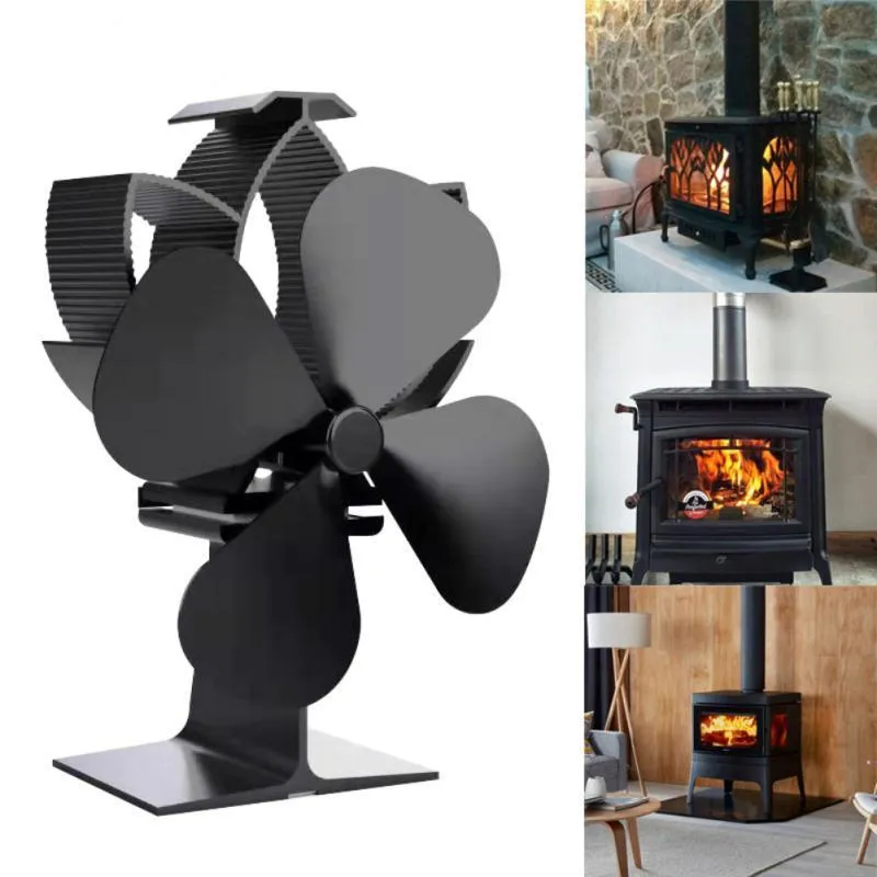 Black Fireplace 4 Blades Heat Powered Stove Fan Log Wood Ecofan Quiet For Home Efficient Distribution 220505