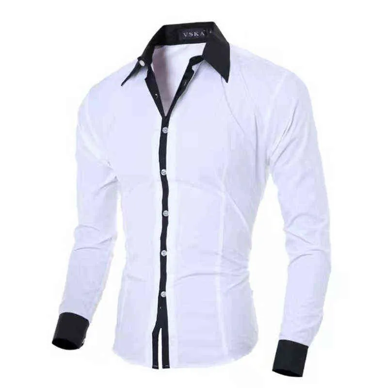 가을 봄 뉴 남자 셔츠 패치 워크 슬림 소셜 솔리드 롱 슬리브 패션 남성 탑 사무실 사무실 버튼 드레스 셔츠를위한 L220704