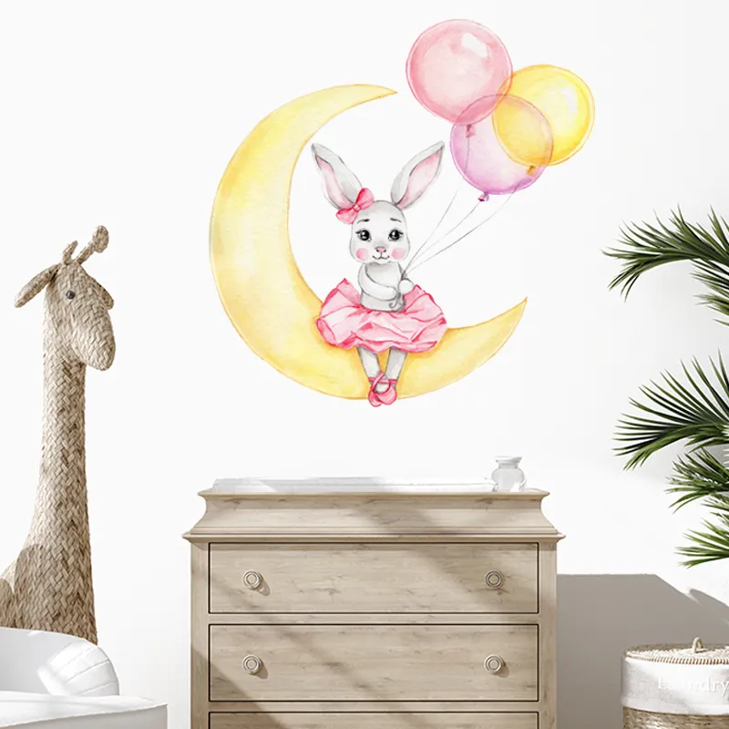Dessin animé Rabbit Moon Stars Stickers muraux pour enfants Décoration de chambre