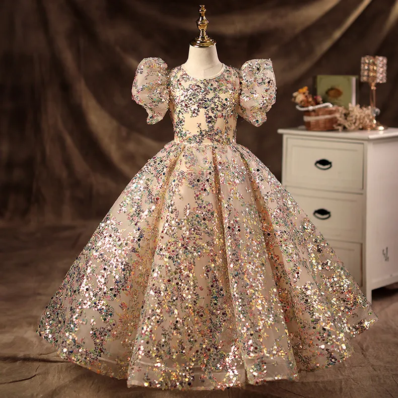 Princess Flower Girls Dresses For Weddings gold Sequined Top Tulle Girls Pageant Ball Gowns Hollow Back Jewel First holy Communion Dresses Cheap