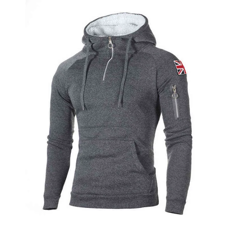 Autunno Zipper Neck Hoody Felpe in pile a maniche lunghe da uomo Maglioni Tasca adesivo Scaldino invernale Running Sportswear 3XL L220730