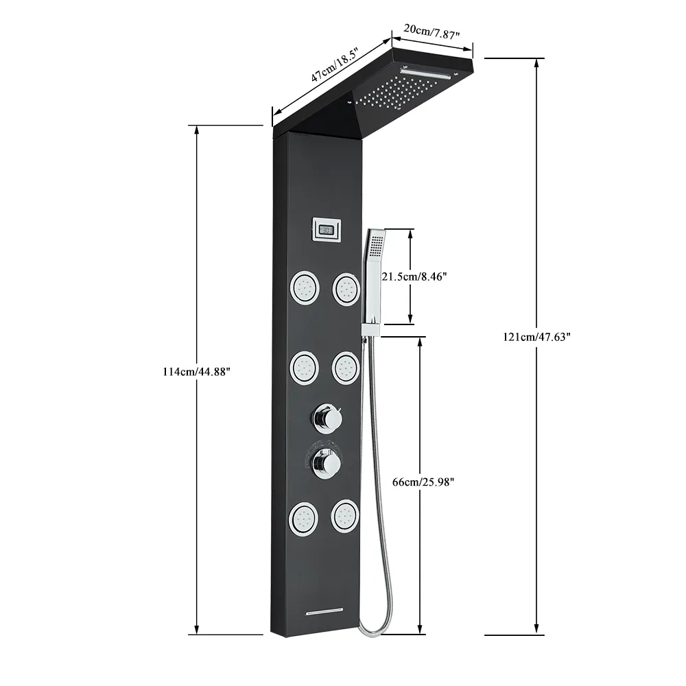 新しい黒/ブラシ付きバスルームLEDシャワーパネルタワー蛇口システム壁取り付けミキサータップスパマッサージ温度スクリーン