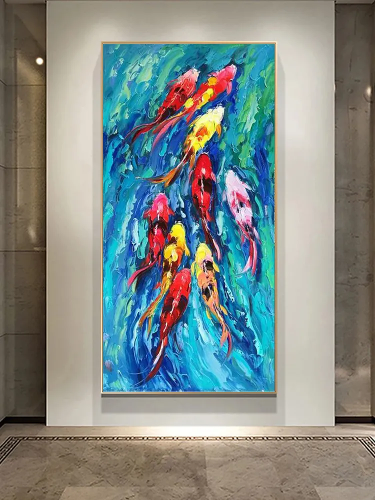 Kinesiska nio koi fiskväggkonst canvas målning landskap abstrakt oljemålning på duk affisch och tryck för vardagsrumsdekor