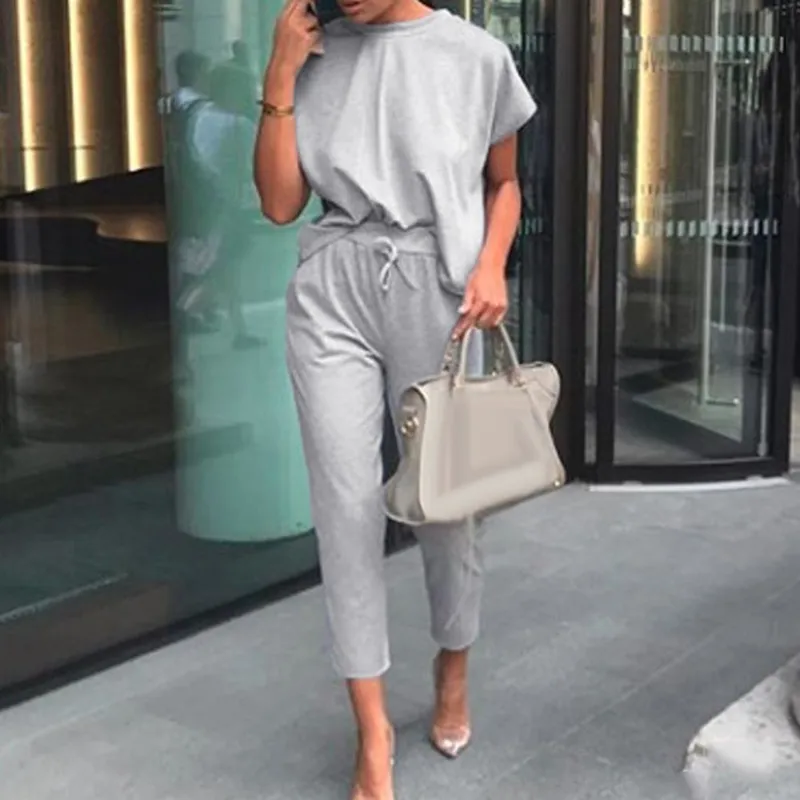 Summer Women Elegant Short Sleeve Pants Set Women Casual Outfits Jogger Two Piece Set Korean Sports Suit Solid Color Cotton TR D220611