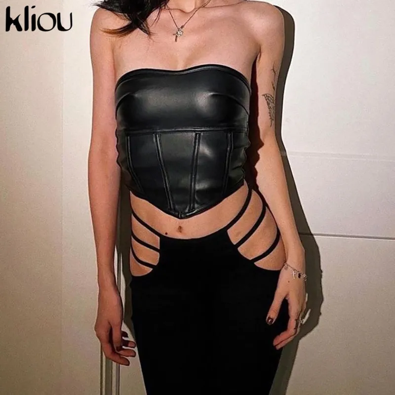 Kliou PU ecopelle scava fuori spacco laterale fasciatura con lacci corsetto donna cubo top skinny slash neck sexy club party street outfit 220325