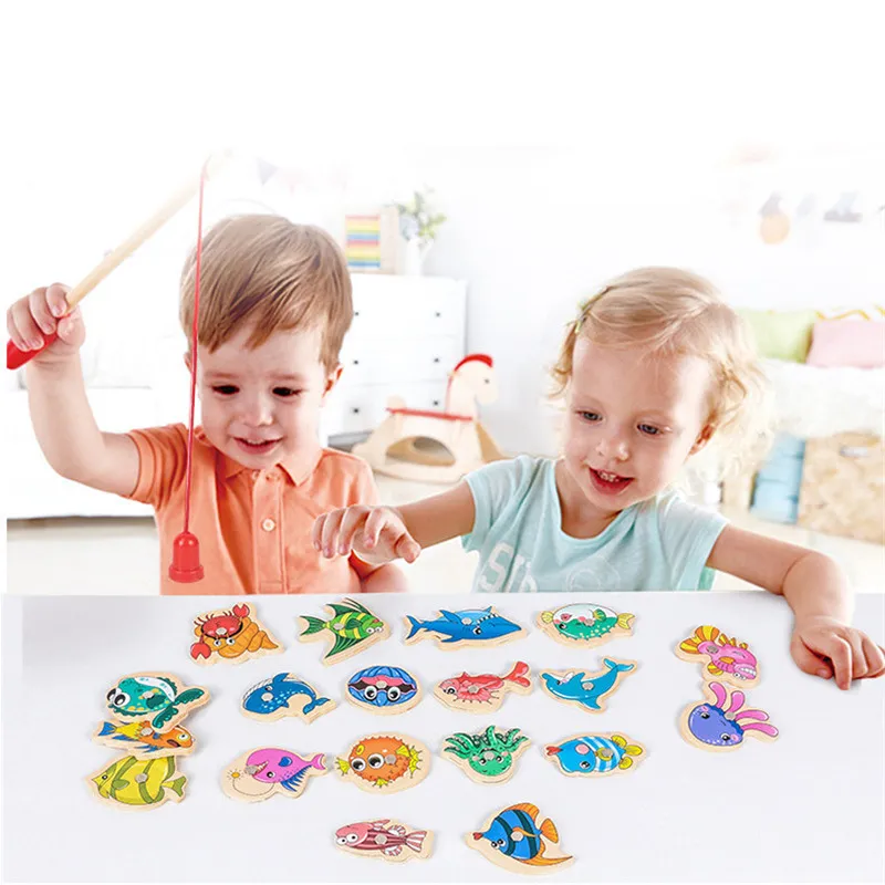 Wooden Magnetic Fshing Game Cartoon Marine Life Cognition Fish Rod Toys for Children Early Educational Parentchild Interactive 220621