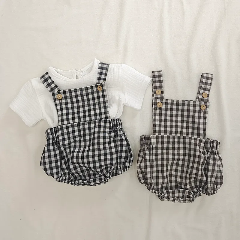 Summer Baby Ubrania chłopców Dziewczęta Biała koszulka   Paski w kratce Paski Rompers Toddler Fashion Scossut Zestaw 220507