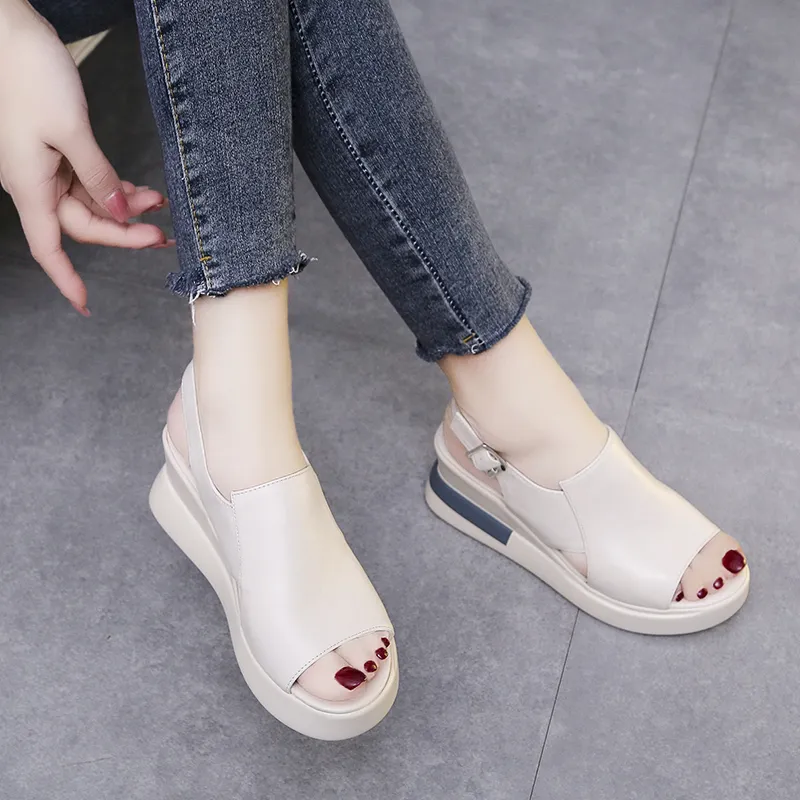 Summer Women Wedge Heeled Pu Leather Sandals Cross Strap Korean Style Casual Shoes Ladies Open Toe Solid Buckle Sandalias 220610
