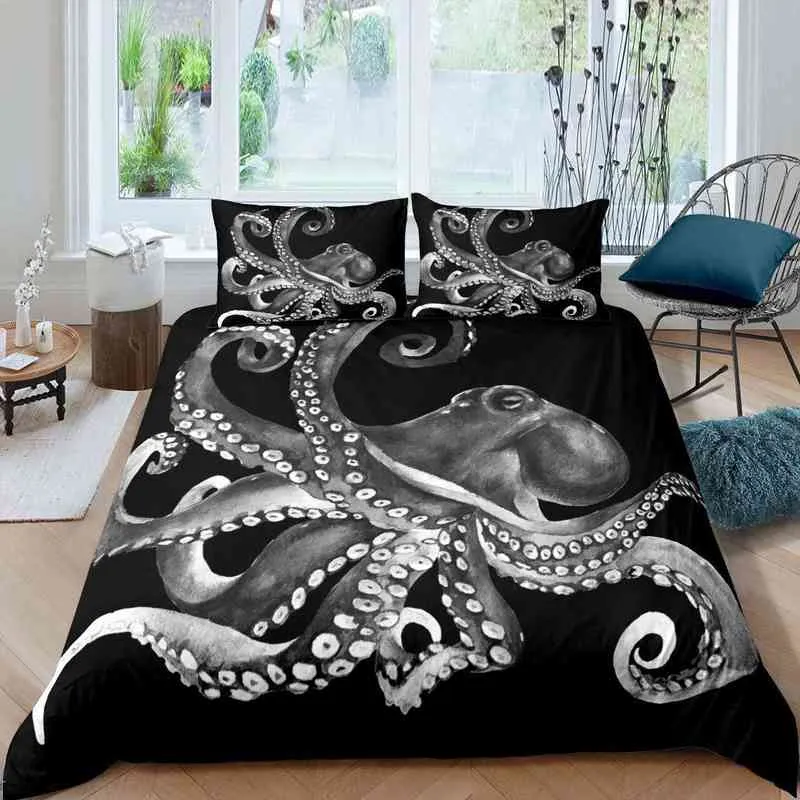 Grünes Oktopus-Bettbezug-Set, Queen-Size-Totenkopf-Bettwäsche, dekorative Horror-Marine-Leben-Polyester-Bettdecke für Jungen und Erwachsene