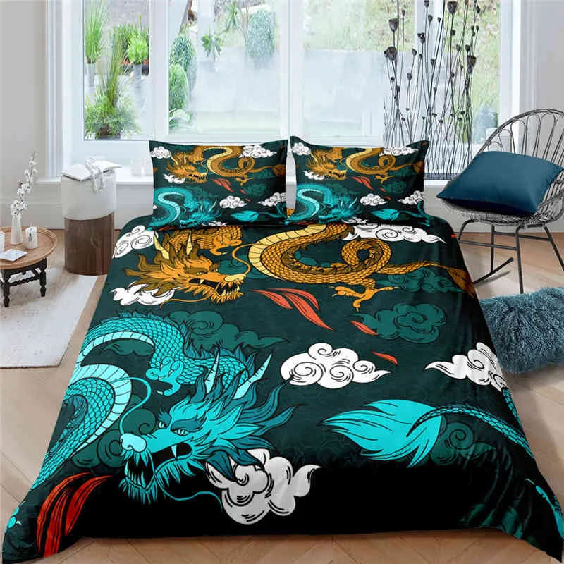 Dragon duvet täcker kung drottning japansk stil exotisk sängkläder set forntida mytiska djursköld