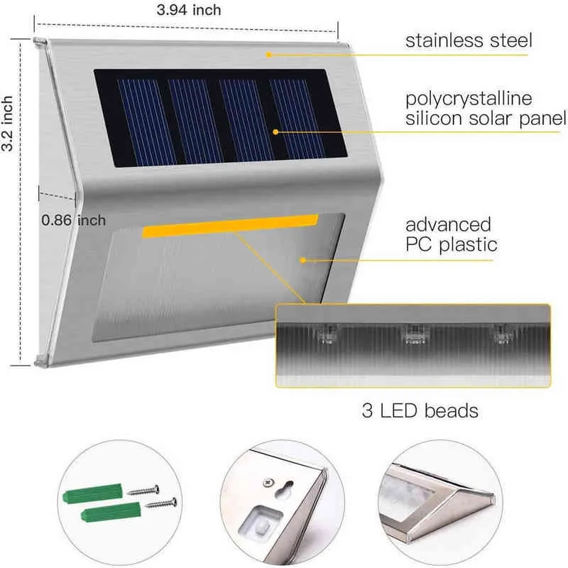 Zonnedek verlichting Heldere LED Trap Licht Outdoor Outdoor Waterdichte roestvrijstalen draadloze verlichting voor balkon tuinwerf hek J220531