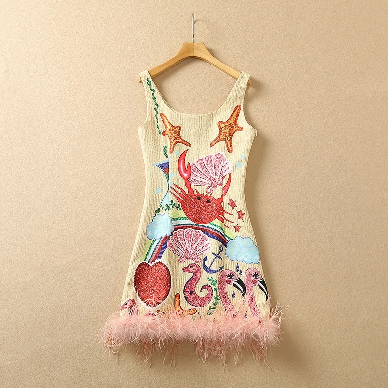 2022 verão sem mangas em torno do pescoço multicolorido estrela do mar caranguejo impressão painéis pena curto mini vestido elegante vestidos casuais 22q151630