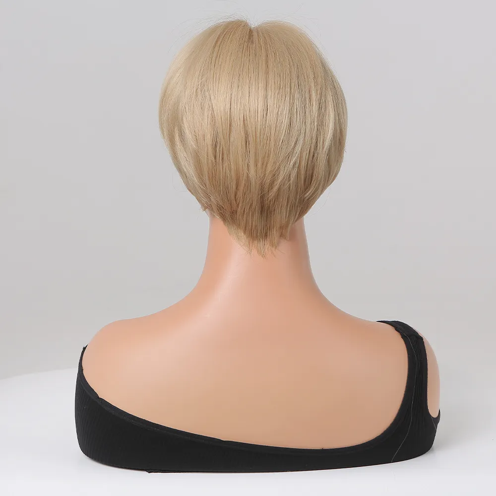 Krótka blondynka Bob syntetyczna peruka naturalna prosta peruka z grzywką puszyste pixie wycięte fałszywe włosy dla kobiet codzienne życie odporne na ciepło