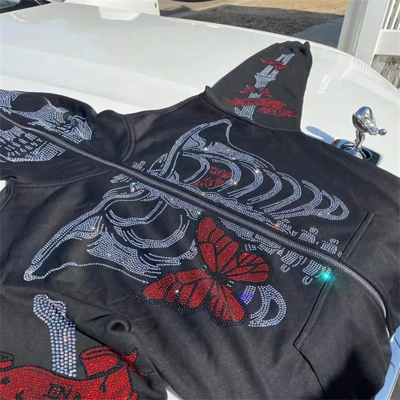 Zip Hoodie Men Y2K ropa con capucha Sudaderas con capucha Moda Goth rhinestones Butterfly Skeleton Print Sudadera de manga larga Top de gran tamaño 220721