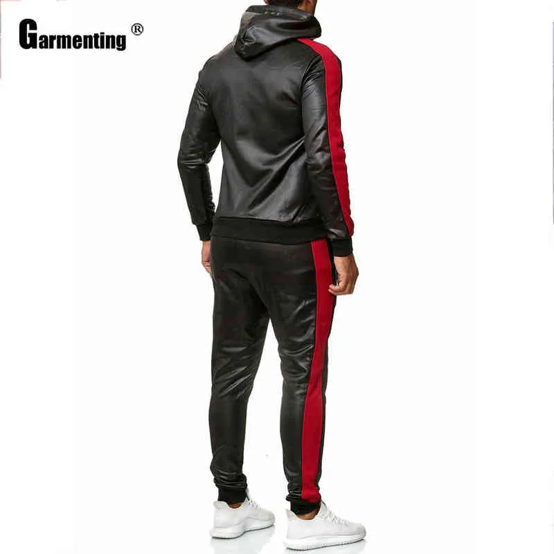 Plaggning av faux pu läder män set punk stil ny trend 2020 hoodie tracksuit lapptäcke dragkedja män två stycken kläder ropa hombre g1217