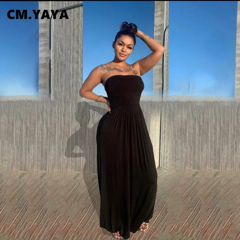 CM.YAYA Kvinnor Stropplös hög midja passform och flare maxi klänning för streetwear strand sexig sommar golvlängd lång klänningar 220516