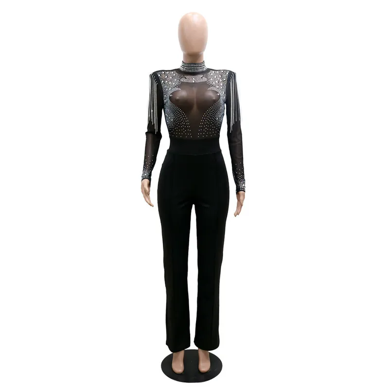 Sexiga jumpsuits ankomster kvinnor transparent diamanttassel hög midja elegant kvällsnattklubb rompers jumpsuit 220513