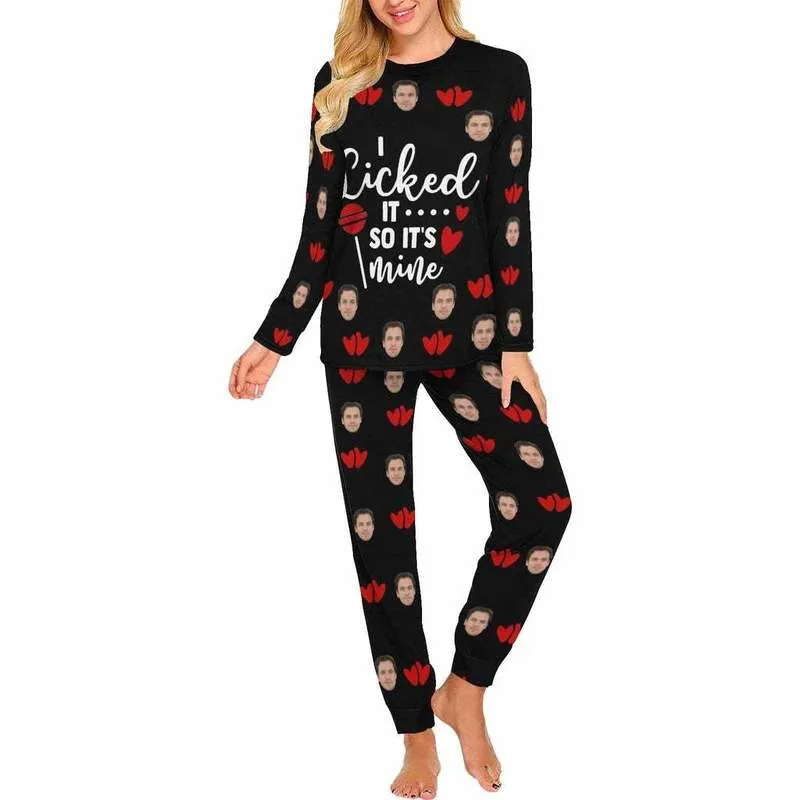 Custom Face I Licked Hearts Black Couple Matching Pajamas Set Suit Home Unique Design Personalized Indoor Soft Gifts 220621
