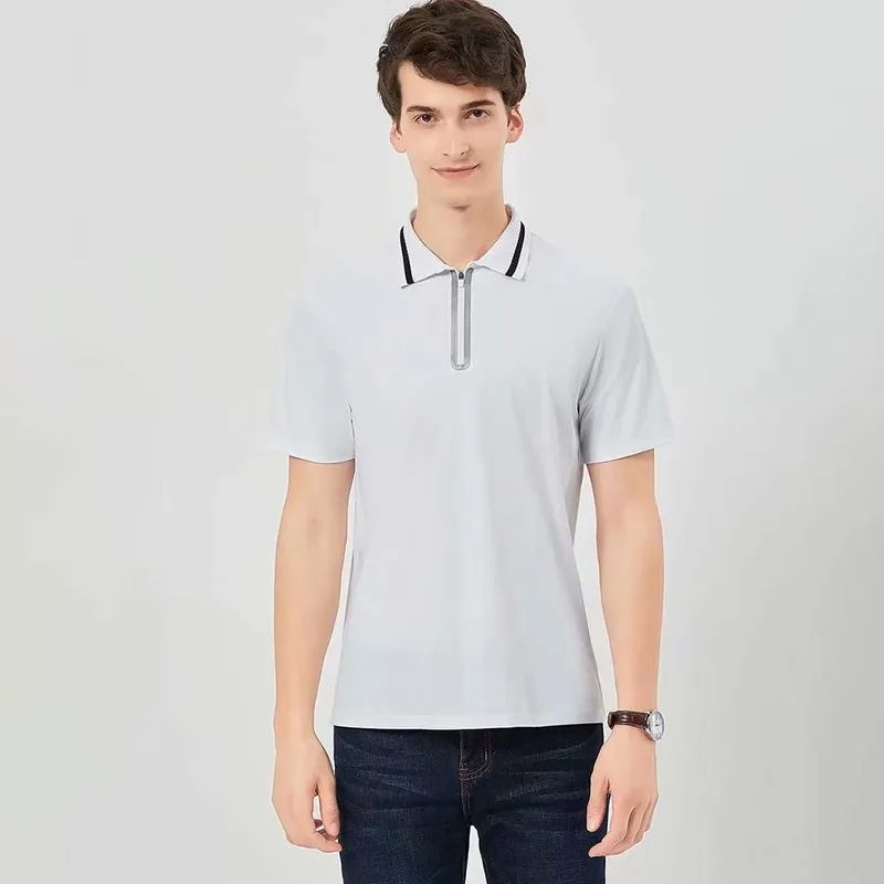 Wysokiej Jakości Koszula Polo Lato Krótki Rękaw Zipper Męska koszula Polo Nylon / Spandex Solid Casual Shirt Polo Male Topy 220418