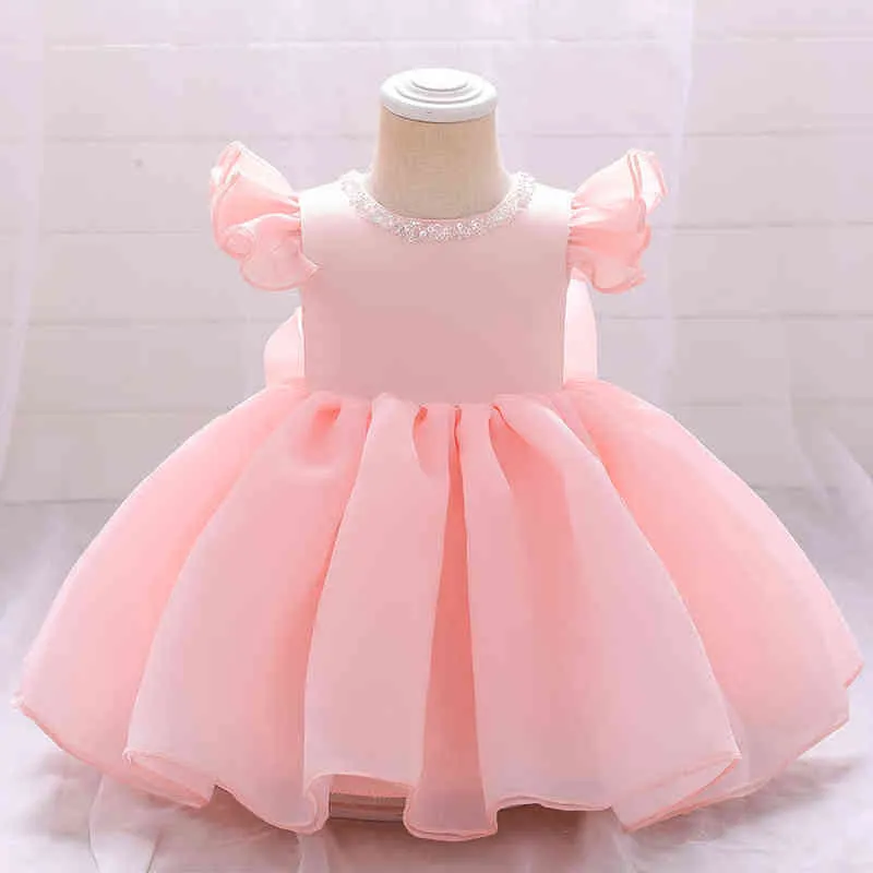 Summer Bow White Baptism Dress 1 Year Birthday Dress For Baby Girl Clothing Pink Party Wedding Beads Princess Dress Kids Clothes Y220510