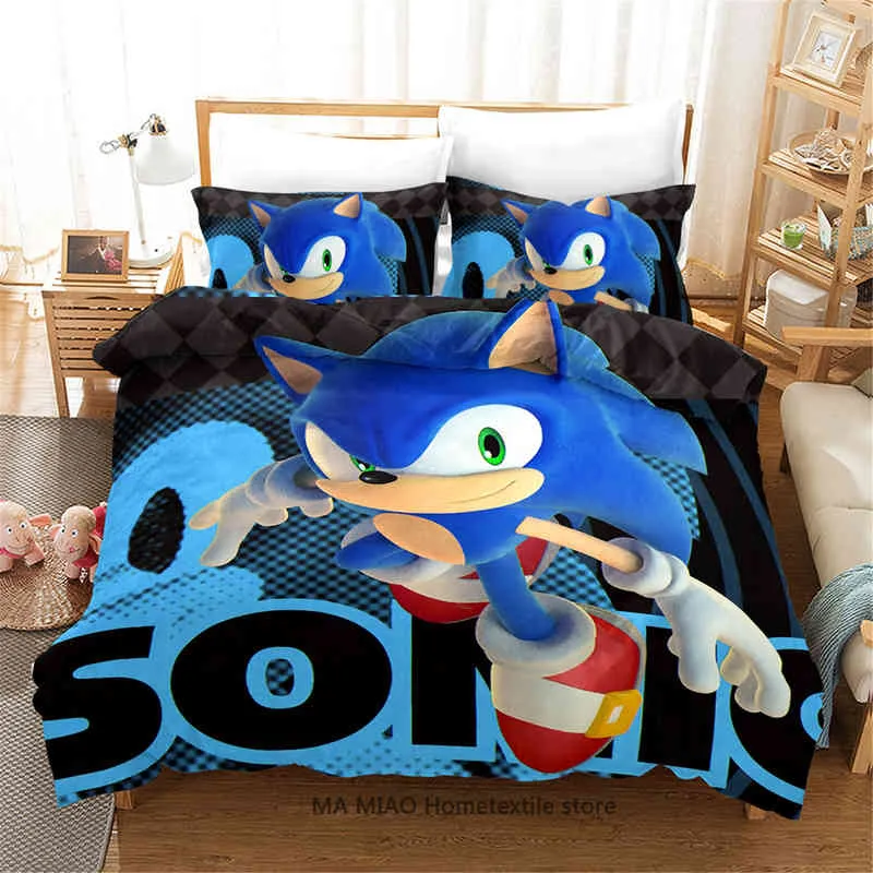 Conjunto de roupas de cama infantis capa de edredão Sonic US/Europa/UK Quilt Cartoon 3 peças Microfibra com 2 travesseiros