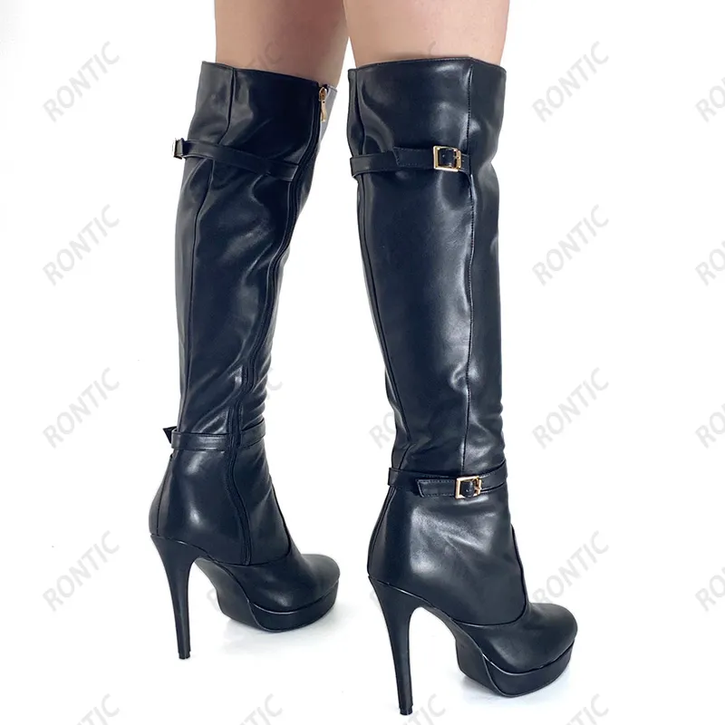 Rontic 2022 Handmade Women Winter Knee Boots Full Zipper Buckle Strap Stiletto Heels Round Toe Black Casual Shoes Size 35-52