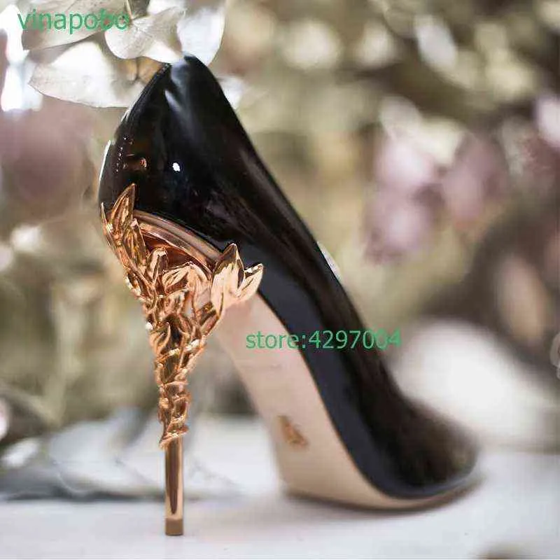 2022 Fashion Women Sexy 10cm High Heels Pumps Lady Designer Metal Carving Gold Wedding Bridal Female Prom Party black Shoe220513