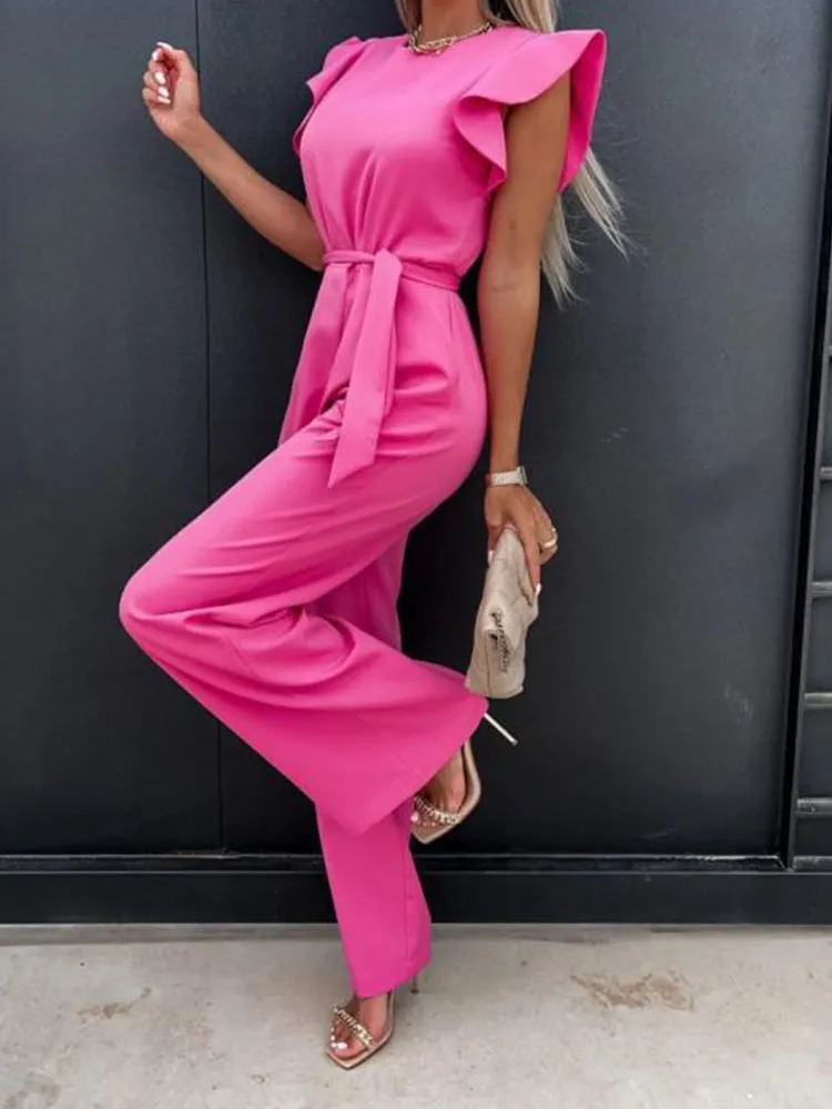 Summer Fashion Waist Lace-up Party Wide Leg Pant Women Elegant Solid Ruffle Sleeve Jumpsuit Casual Office O Neck Romper Overalls 220714