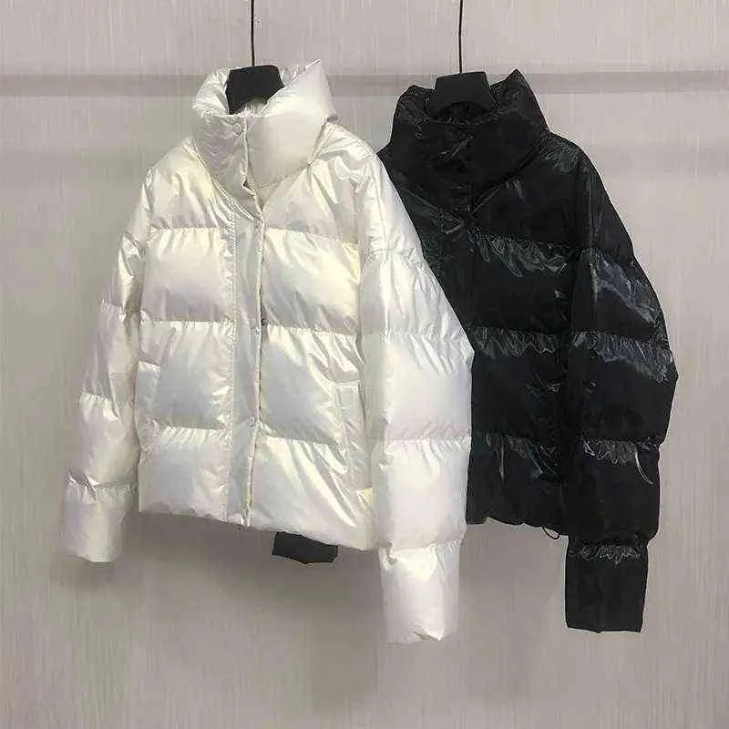 Chaqueta de algodón Glitter Mujeres Invierno Negro Blanco Stand Collar Manga larga Bolsillos Simple Casual Warm Lady Coat 2022 Trendy L220730