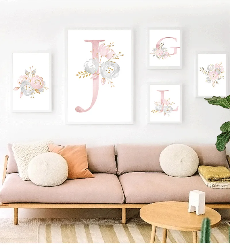 Fiori Immagini artistiche da parete ragazze decorazione camera da poster personalizzato Nome bambino personalizzato dipinto di pittura stampe di vivaio rosa 220716