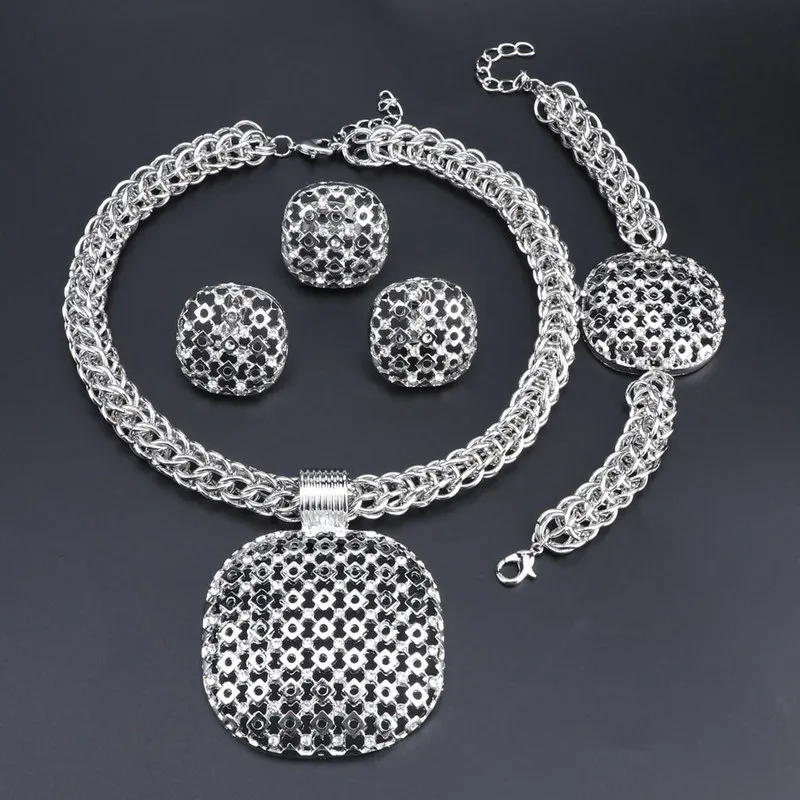 Dubai Silver Plated Jewelry Set Women Big Pendant Necklace Fashion Nigerian Wedding African Crystal Costume Brud Smycken Set 220716