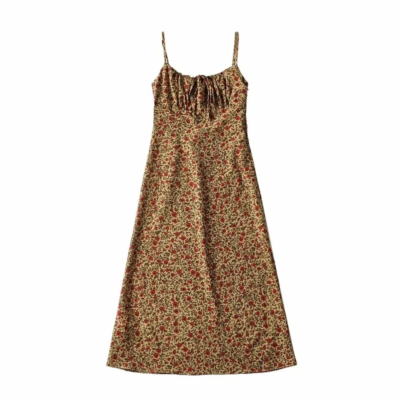 Bohemian Brown Floral Print Backless Sling Dress Summer Holiday Donna Regola la cinghia di spaghetti Abiti Beach Holiday Vestidos 220511