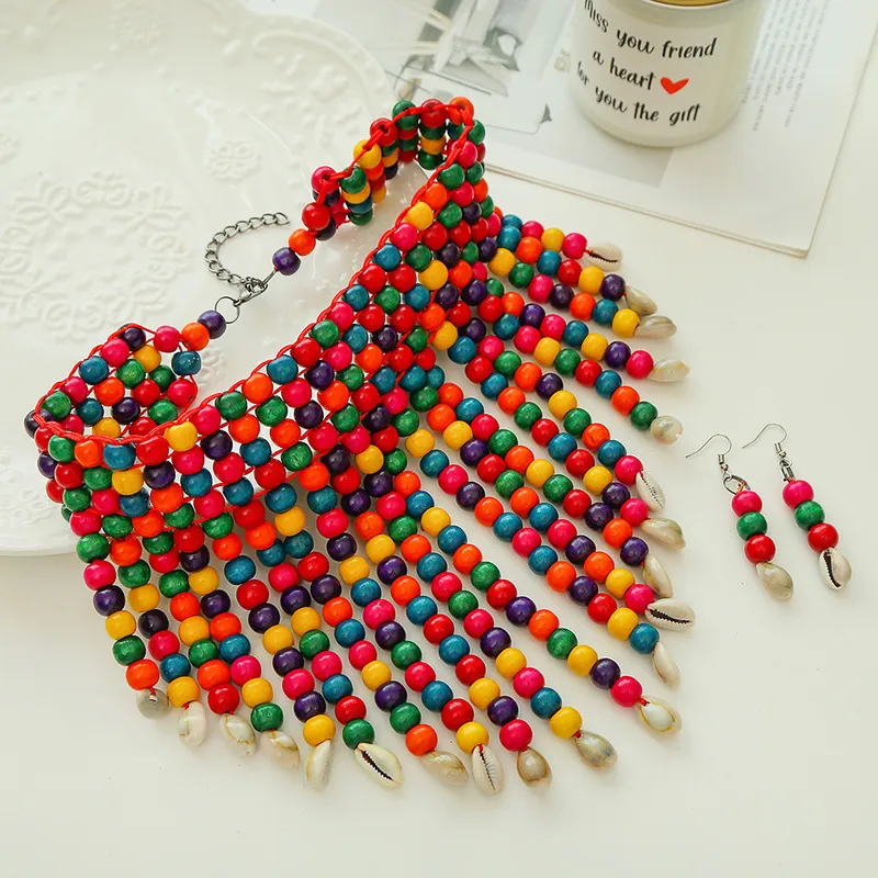 Afrikanische Statement-Klobige Halsketten für Frauen, mehrsträngige bunte Perlen-Halskette, Modeschmuck, Kostüm-Ohrringe-Set 220810