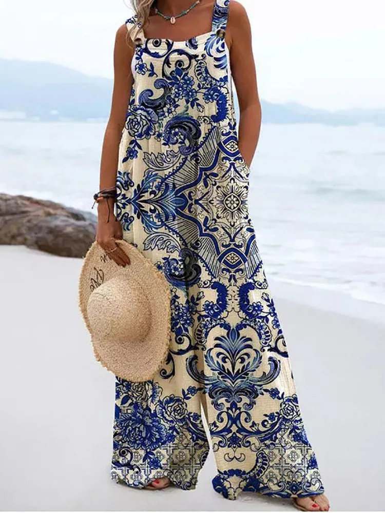 Kobiety Letni kombinezon Vintage Print Podwójny kieszonkowy BIB kombinezon swobodny luźny kurort na plażę szerokie spodnie nóg kombinezon 220714
