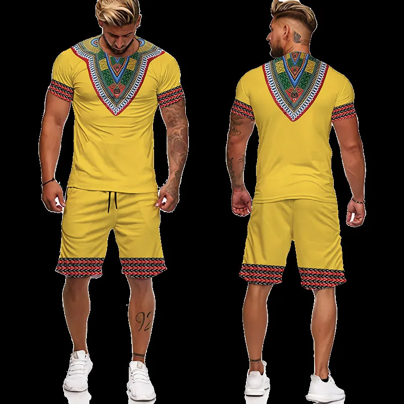 Zomer 2 -delige set 3D -print Afrikaans t -shirt voor mannen shorts past vintage kleding hiphop t -shirt conjunto masculino 220708