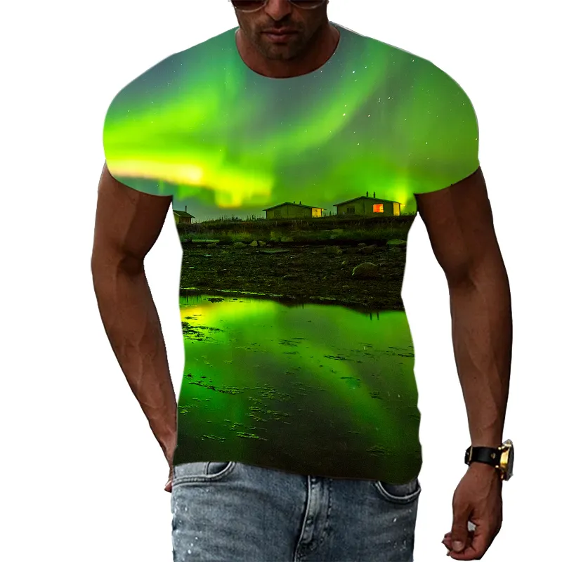 Trend Summer Men Print Aurora Graphic T Shirts 3D Fashion Personalse Party Natural Landscape نمط قصير الأكمام القصير 220607