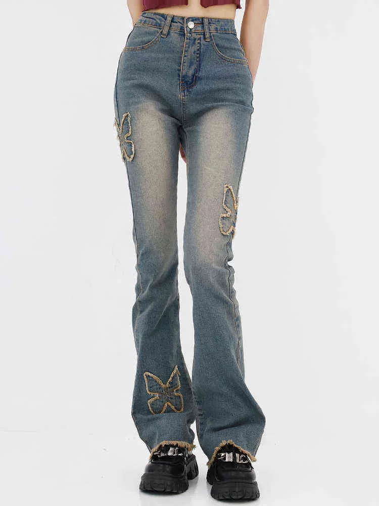 Vlinder Patch Borduren Fleared Jeans Vrouwen Voorjaar Nieuwe hobe Taille Amerikaanse Stretch Slim Fit Raw Edge Denim Broek Vrouwelijke L220728