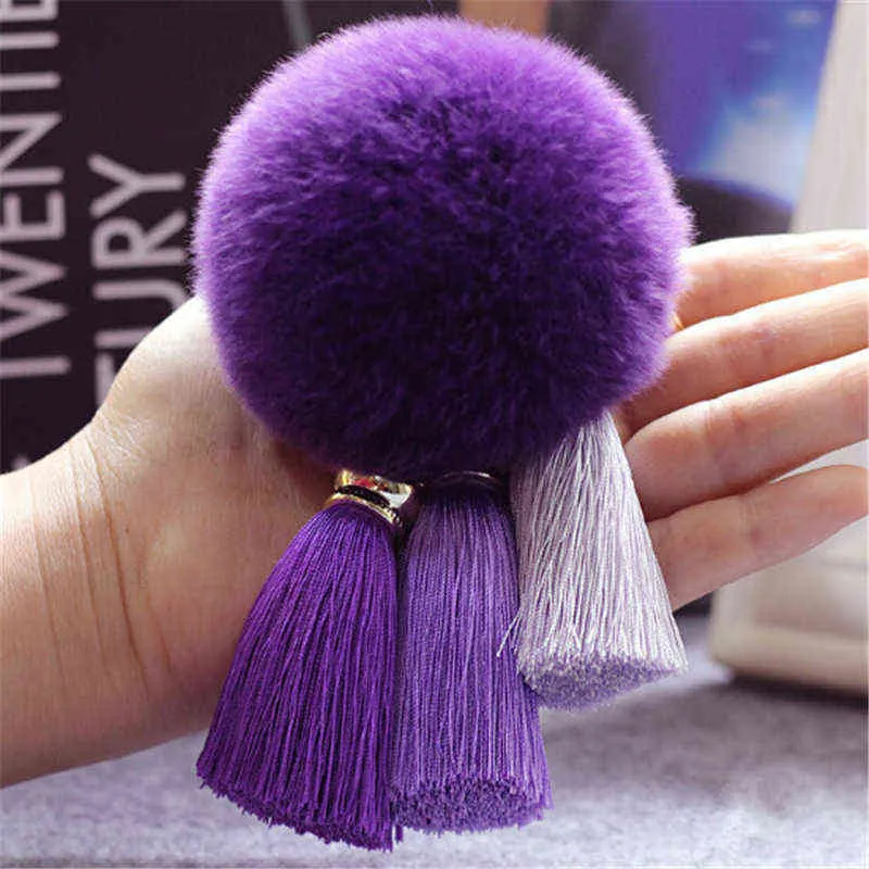 ZOSHI Fashion Women Rabbit Fur Cony Hair Ball Pompom Charm Thrice Tassel Keychain Car Handbag Key Ring Pendant AA220318