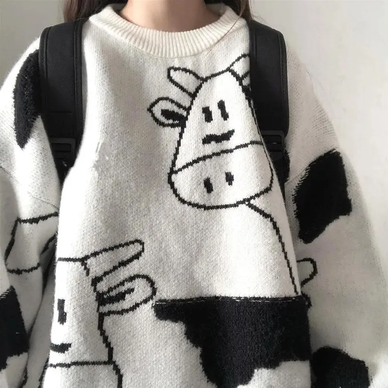 Cute cartoon cow sweaters women's autumn and winter Korean style loose long-sleeved pullovers sweater casual outer wear 220801