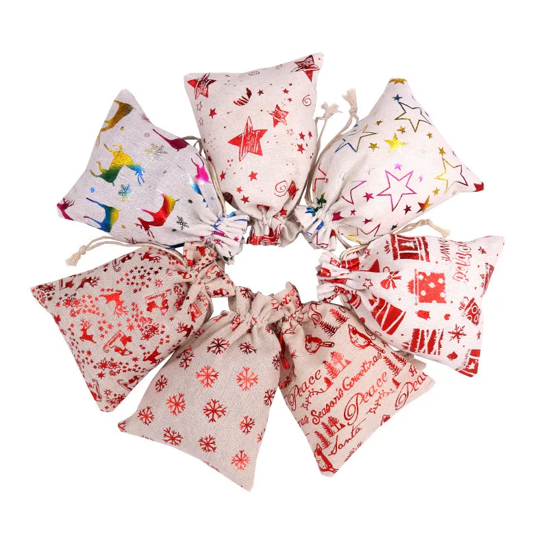 Christmas Bronzing Cotton Bags 10x14/13x18cm Drawstrings Jewelry Gift Display Packing Xmas Party Favor Candy 220427