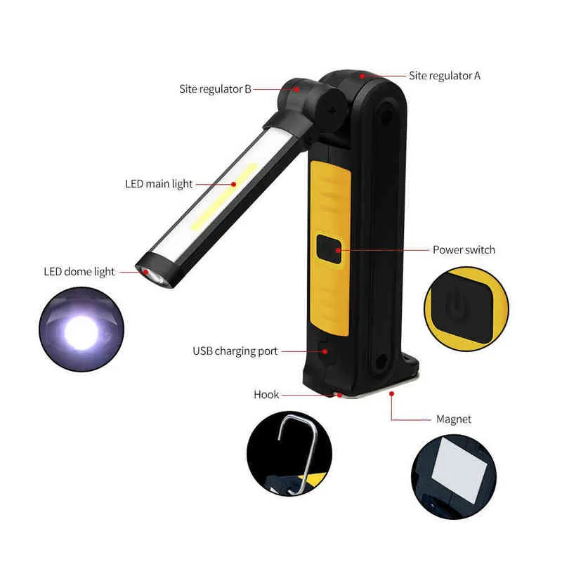 Linterna Led Cob recargable por USB, luz de trabajo, luz de inspección, 4 modos, diseño de imán trasero, lámpara de antorcha colgante resistente al agua J220713262H