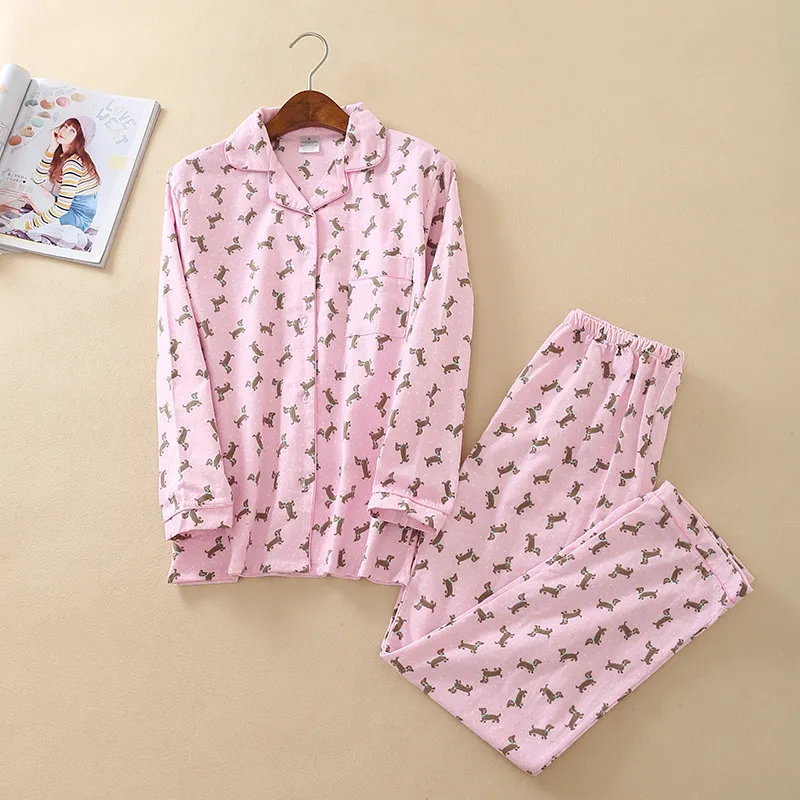 Pink Pajama Sets Women Cute Dachshund Print Set Long Sleeve Top Elastic Waist Pants Brushed Cotton Thick S7N002 220329