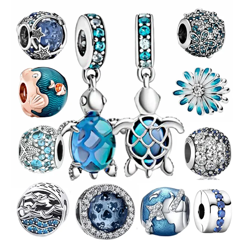 Tendance Nouveau Breloque Tortue Bleu Océan En Argent Sterling 925 Pour Bracelet À Breloques Pandora Original DIY Bijoux Pour Femmes Collection D'été