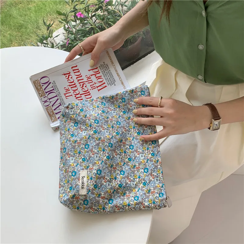 Floral Cosmetic Bag Cotton Fabric Women Make Up Storage Pouch Japan Style Zipper Cosmetic Pouch Vintage Phone Clutch Beauty Case 220630