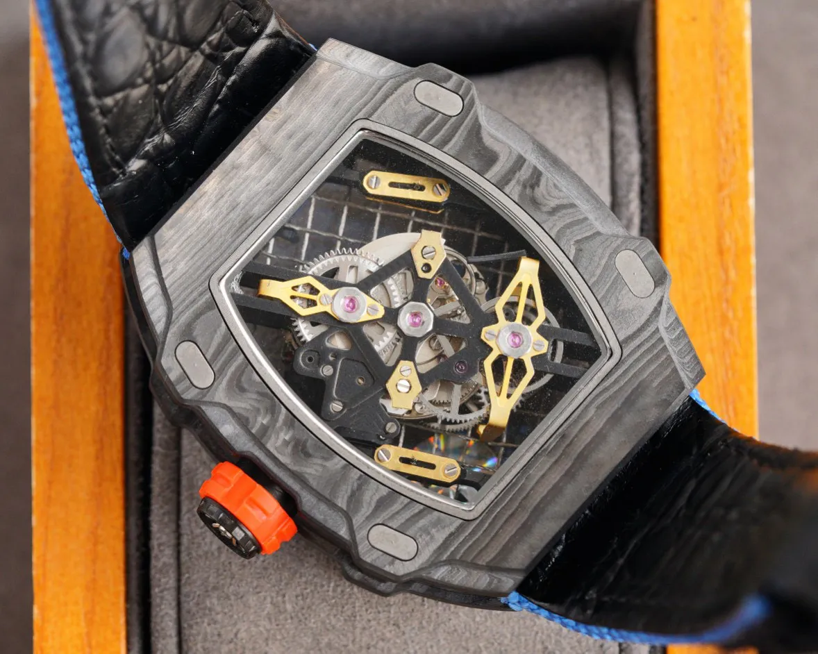 Herenhorloge master zwarte koolstofvezel kast mechanisch automatisch vlindergesp nylon band hol uurwerk RICRO257n