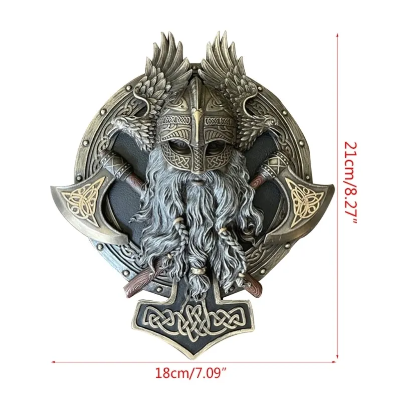 95AA Viking Berserker Double Axe Plaque Resin Statue Ornament Vintage Warrior Valhalla Sculpture Figurine Wall Decoration for 220720